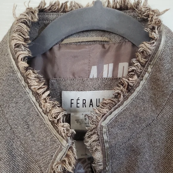 Vintage Feraud Virgin Wool Silk Tweed Brown Long Fringed Blazer Women's Sz Large